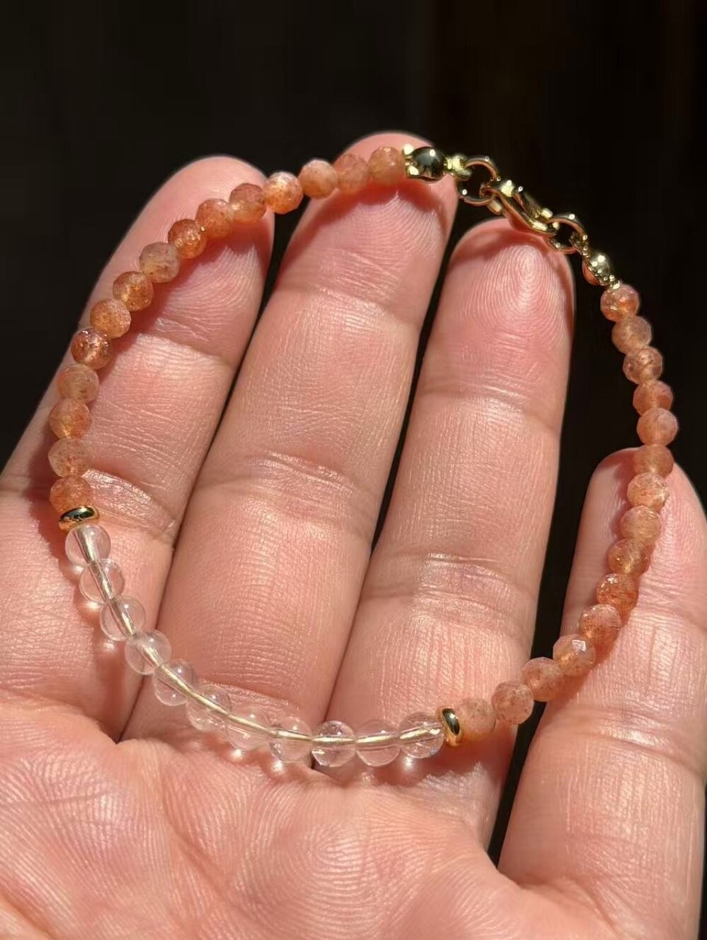 Dainty Sunstone and Clear Bead Stainless Steel Bracelet